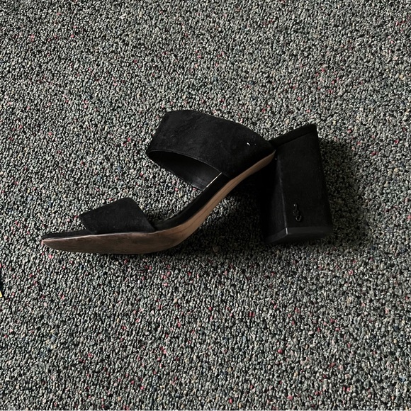 SAM EDELMAN Suede Black Two Strap Sandal Mule Slip-On Block Heeled Shoes Sz 9 - Picture 15 of 16